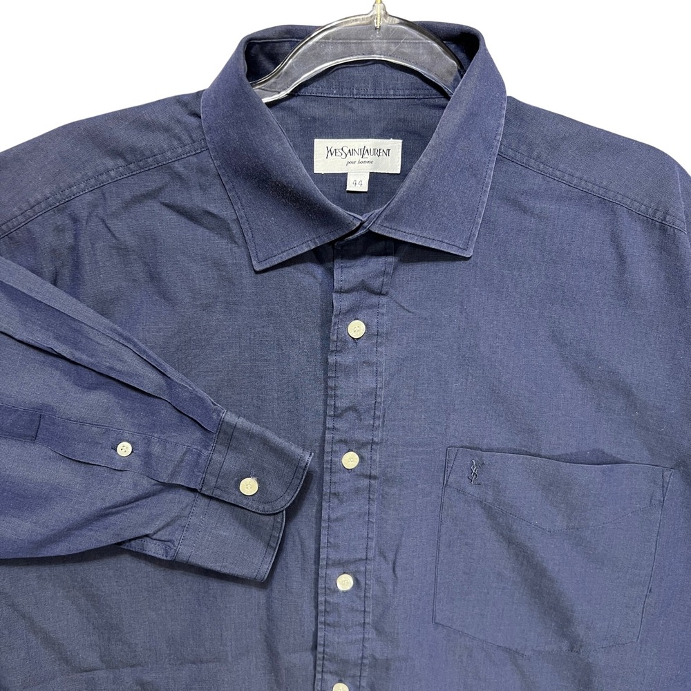 Y2K Yves Saint Laurent Pour Homme Navy Blue Button Down Shirt Monogram Size 44